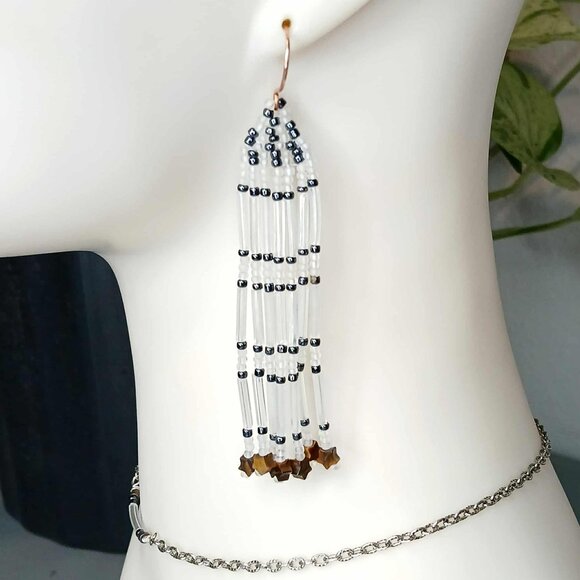 BOGO EARRINGS Beaded Fringe Dangle Earrings, Tigers Eye Stars, 3.5" - Picture 1 of 7